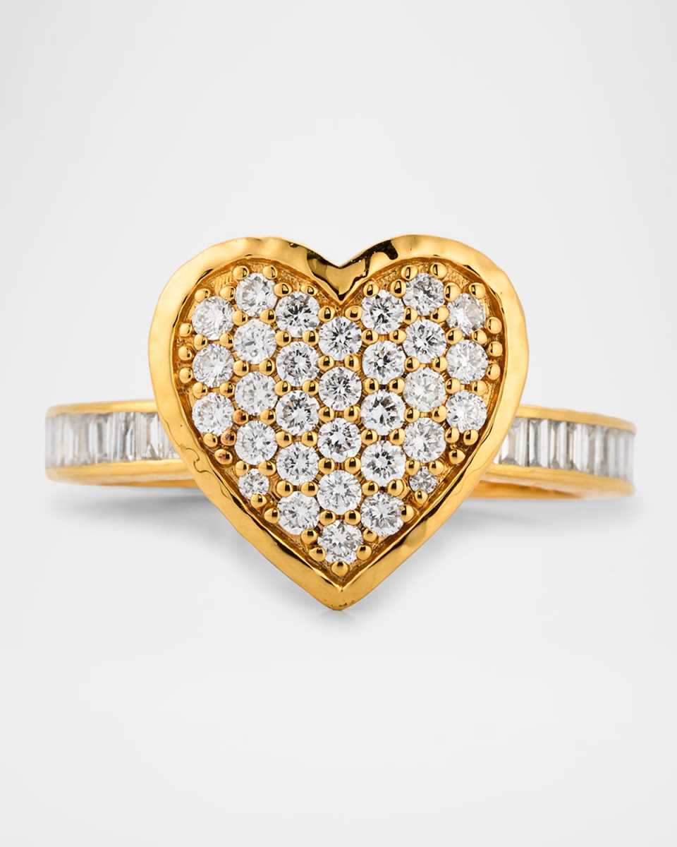 20K Pave Heart Ring with Diamond Baguettes